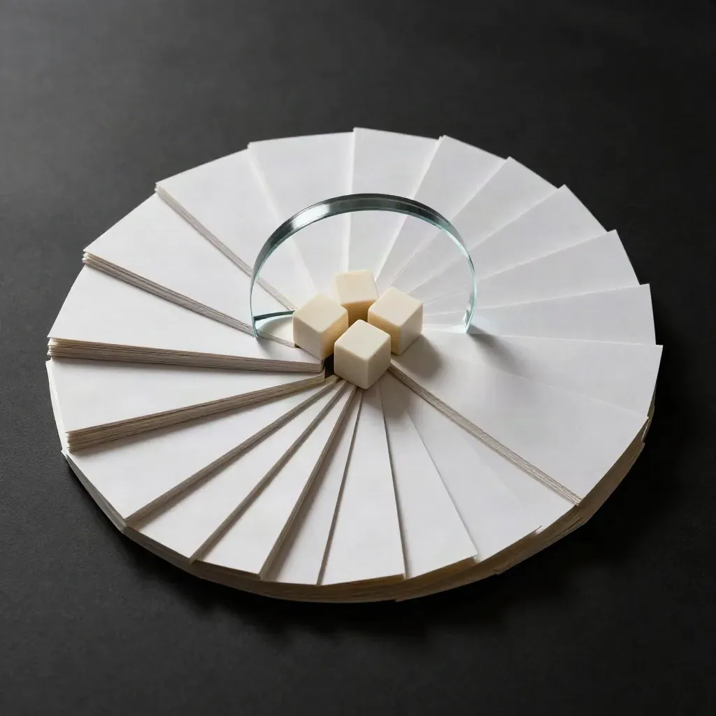 Top-down van een winactie-set met witte fiches, acrylboog en prijsblokjes op zwarte ondergrond.