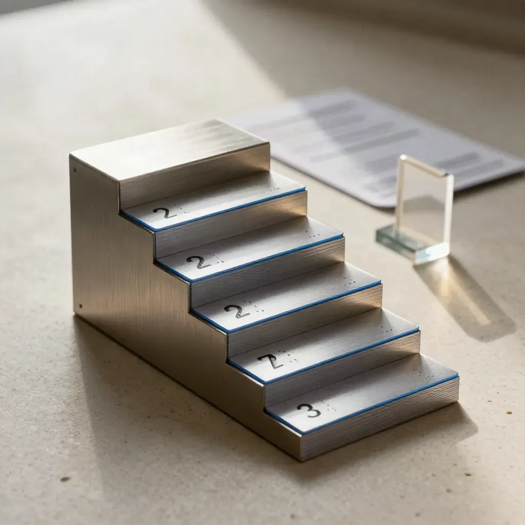 Brushed-aluminium intakeformulier-set met vraagkaarten, antwoordmodule en travertijnen plint.