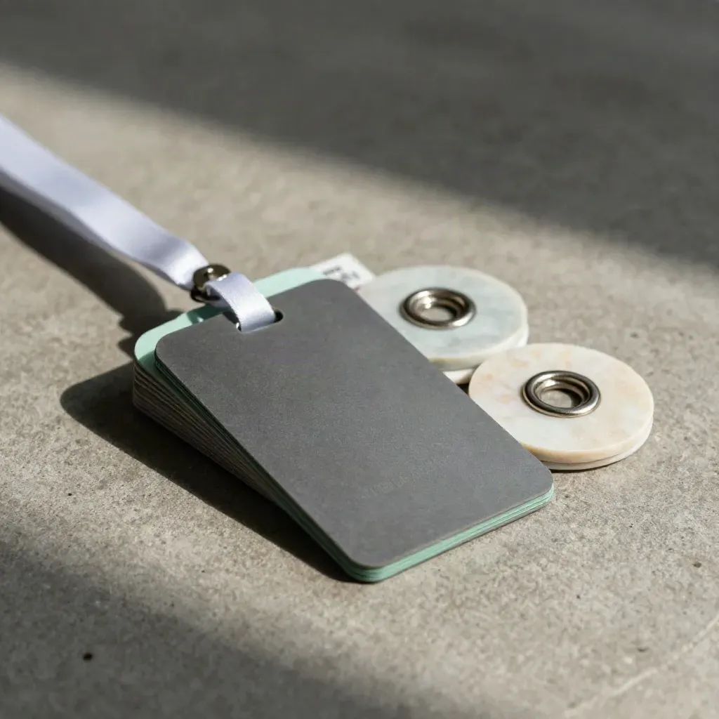 Event-aanmeldingsbundel met badge-tokens, standaard en sluitschijven op beton.