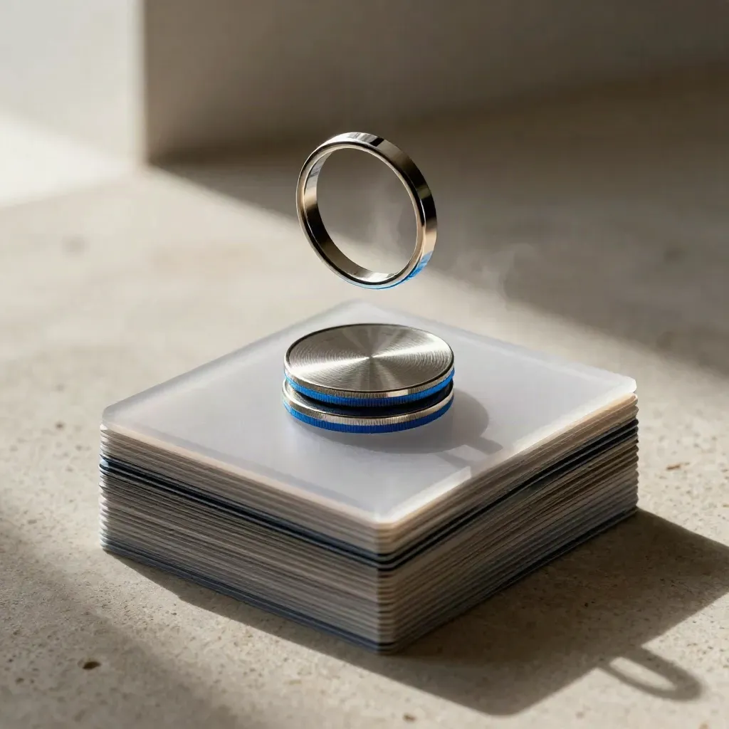 Bovenaanzicht van een contest-stack met badge-ring en twee prijschips op warme steen.